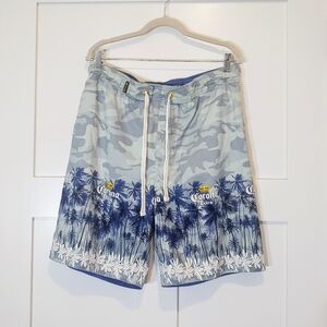 Corona Camouflage Swim Shorts Size Small Blue White Palm Trees
